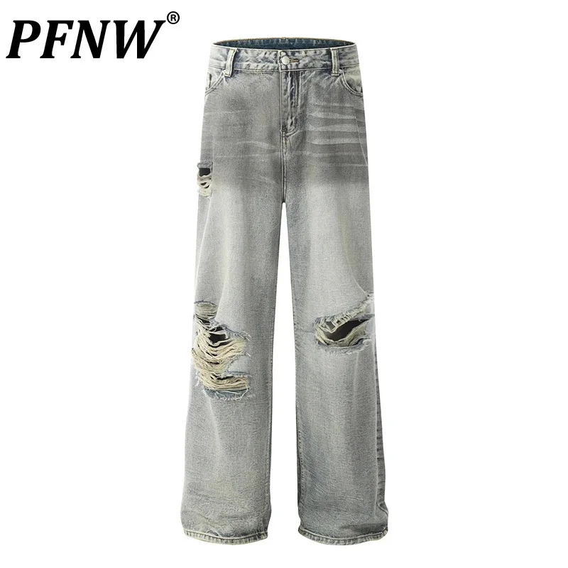 

PFNW Male Washed Distressed Jeans Men's Beggar Style Hip-hop Hole Loose Fitting Straight Pants 2024 Tide Gradient Color 28W3514