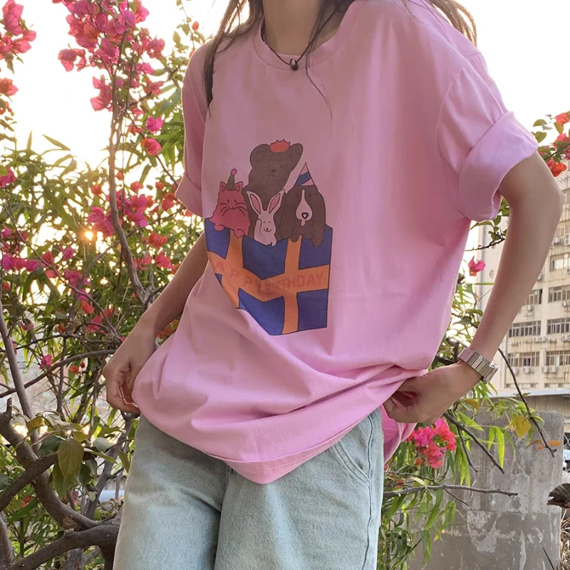Women T-shirt Summer New Cute Birthday Animal Print Y2k Tops Sweet Loose Casual Versatile Tees Female Graphic T Shirts