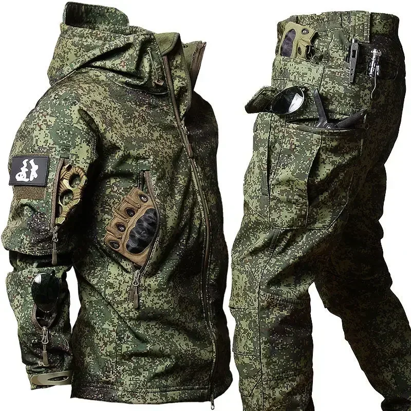 Inverno casca macia dos homens conjunto tático ao ar livre à prova de vento à prova dwindproof água quente combate terno multi bolso engrossado camo caça uniforme