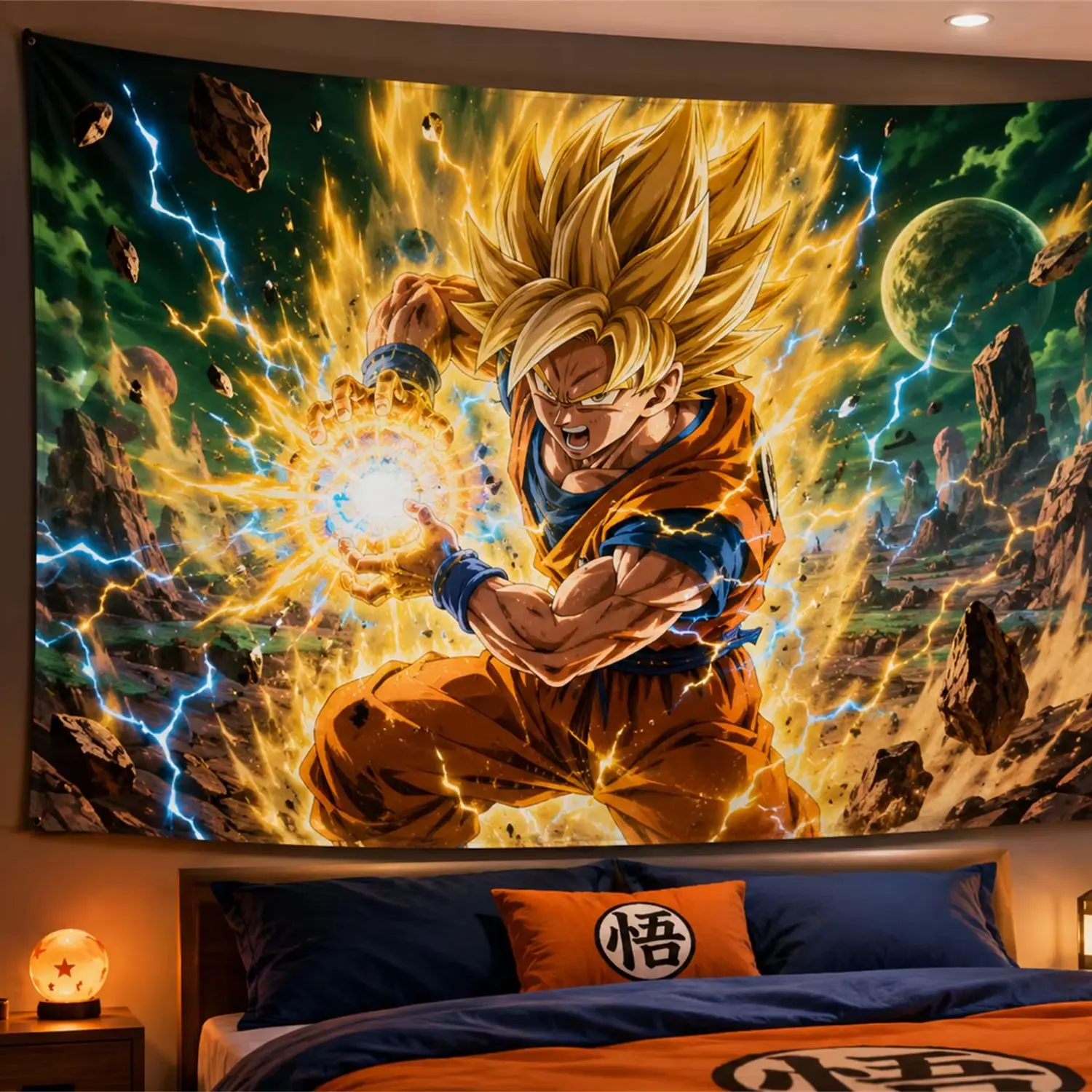 Dragon Ball Goku Kamehameha Wandteppich, Drachen-Bälle Kosmischer Druck Wandbehang Deko für Anime-Fans Schlafzimmer Studentenwohnheim Gaming-Foto