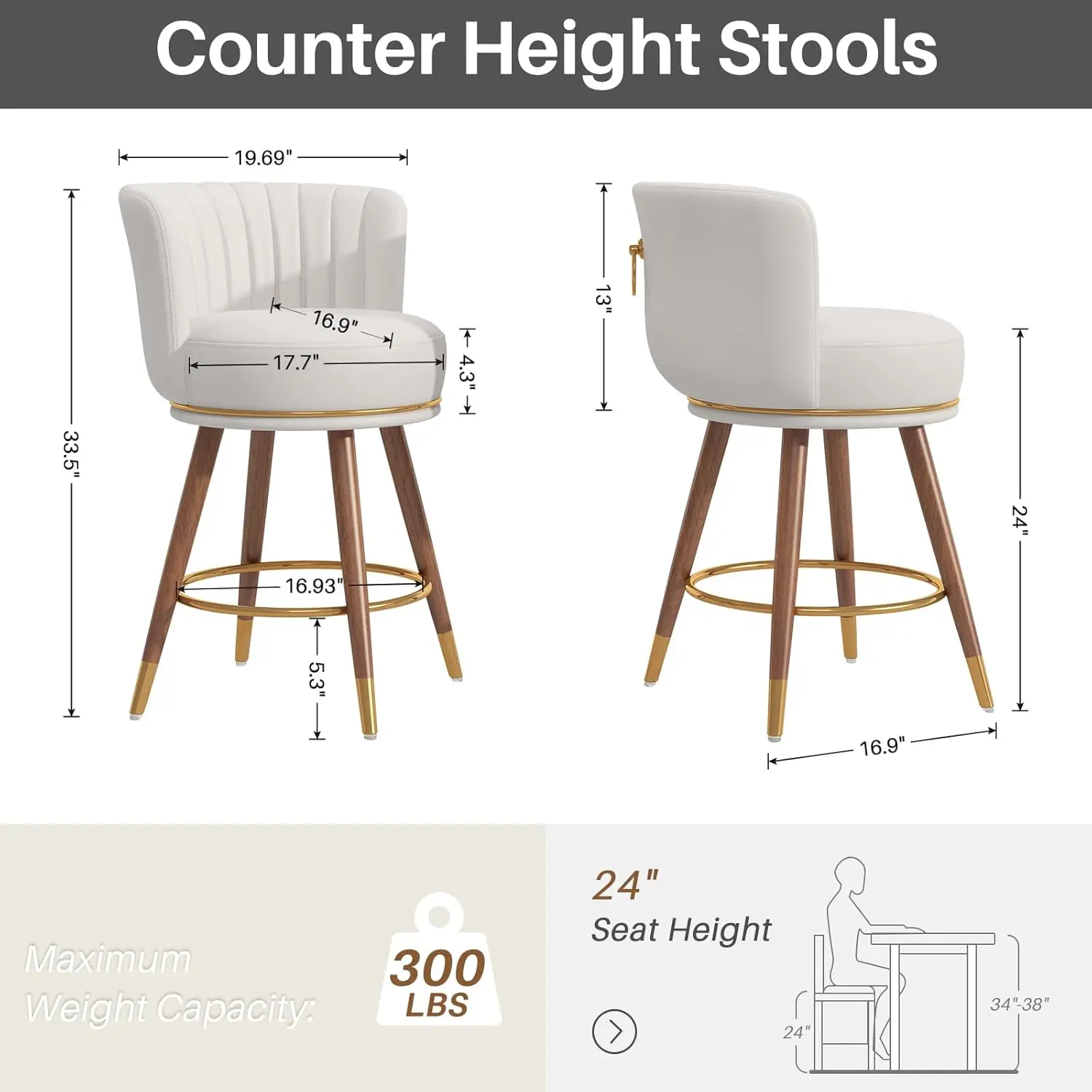 Couro giratório Bar Stools Set, balcão altura Bar Stools com costas, contador fezes com madeira pernas e apoio para os pés, U, 24"