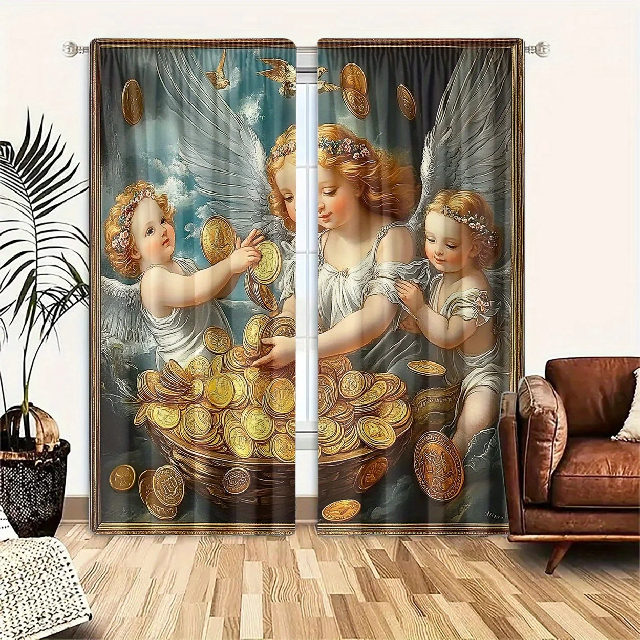 3D Angel Cherub Curtains, Gold Coin Basket Print Blackout Drapes for Living Room Bedroom, Classical Religious Home Decor