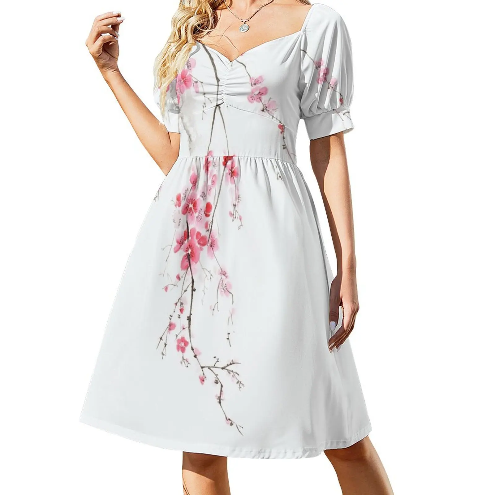 Zen sumi-e painting of a cherry blossom branch with light pink flowers on white art print Short Sleeved Dress fairy dress Dress