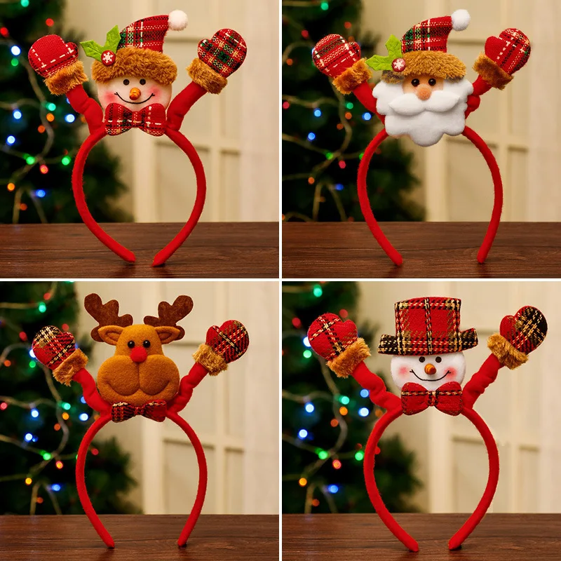 Cute Cartoon Santa Claus Snowman Elk Antler Plaid Headband Christmas Party Kids Holiday Performance Decorative Supplies