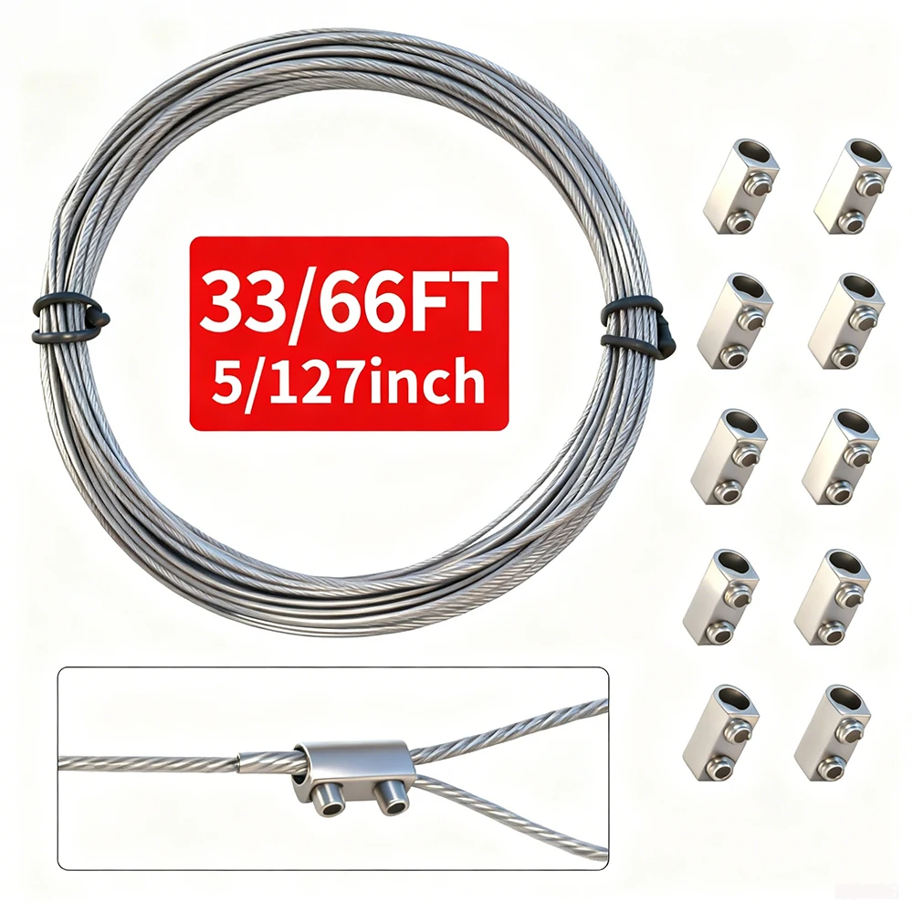 10/20M Stainless Steel Cable Suspension Kit with PVC Rope and Double Hole Cable Clamp, 1mm Stainless Steel Wire Rope