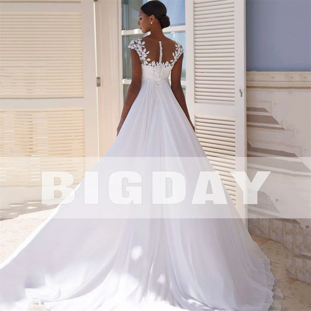 Elegante abito da sposa a-line donna pizzo impero Cap Sleeve Illusion Back o-collo Tulle abiti da sposa Sweep Train Vestidos De Noiva