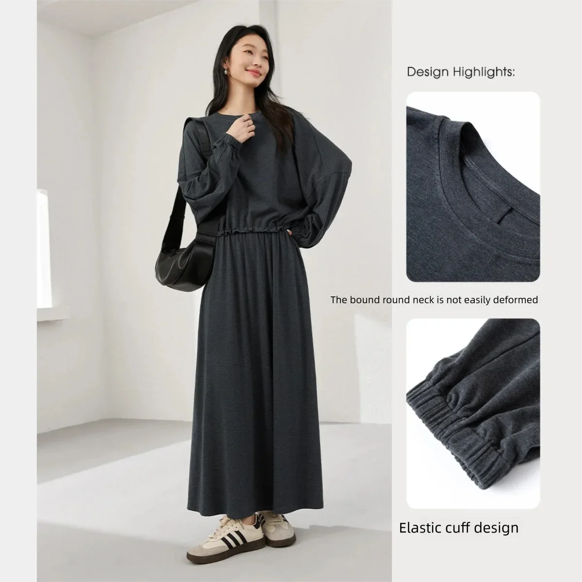 VIMLY Dark Gray Knit Two Piece Set 2026 Autumn Women Round Neck Top High Waist A-line Long Skirt Commuter Matching Outfit A0097