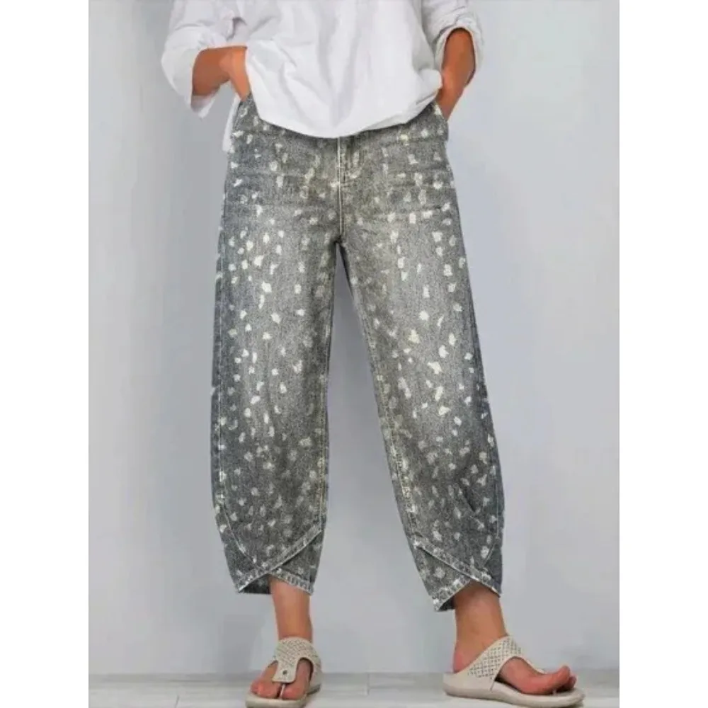 Damen Baumwoll-Haremshose mit Japanischem Ukiyo-E Wellen- und Blumenmuster, Locker Geschnittene Caprihose in Tulpenform, Knöchellange Freizeithose – Detail 7