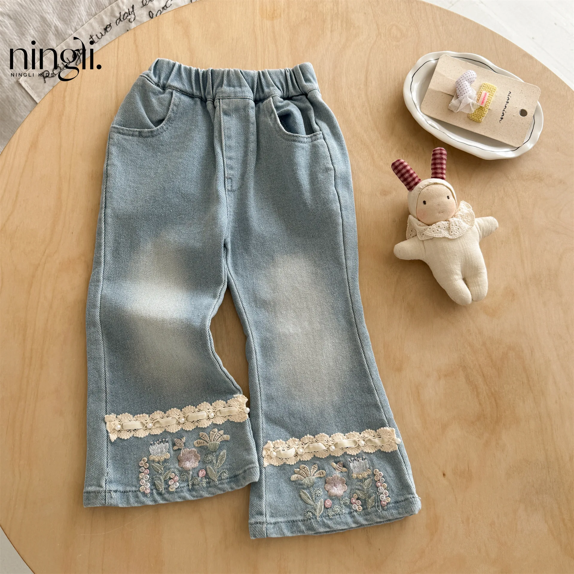 2026 Girls Creative Jeans Fall New Kids Casual Wide Leg Pants Fall Baby Girl Straight Pants Spring Autumn