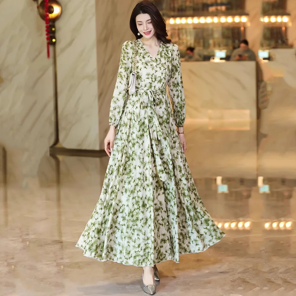 

New Women Spring Summer Plus Size Floral Dress Fashion V-Neck Long Sleeve Slim Long Dress Elegant Flowing Green Print Dress