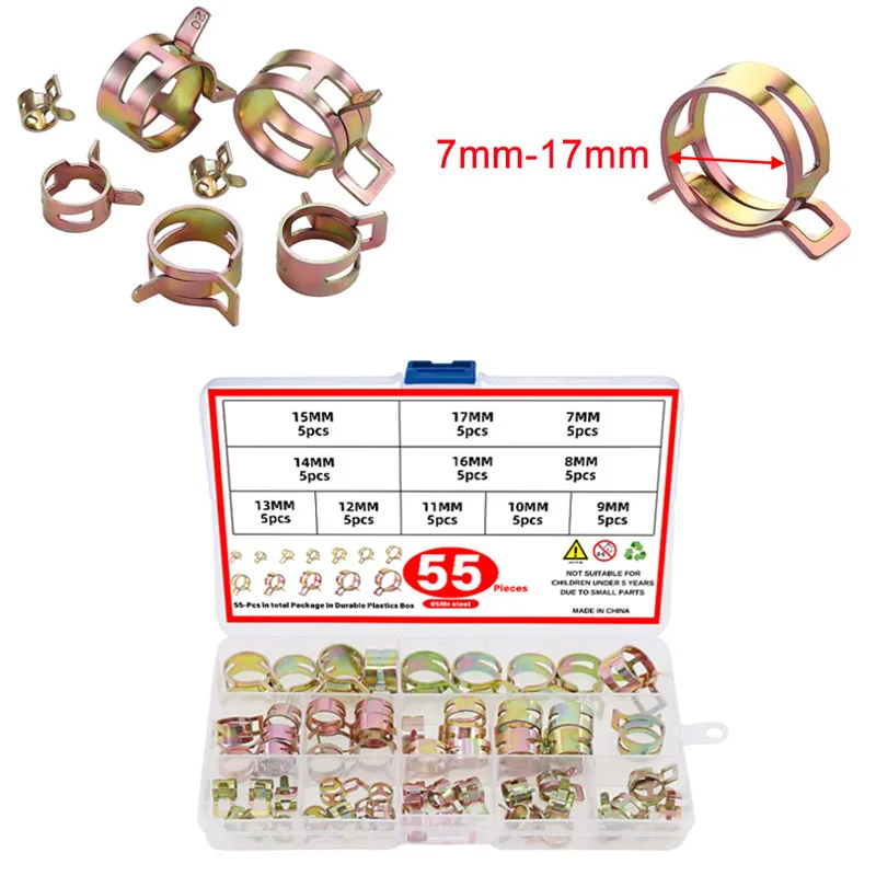

7-17mm Spring Band Type Action Fuel/Silicone Vacuum Hose Pipe Clamp Low Pressure Air Clip Clamp for Plumbing Tubing Pipe 55pcs