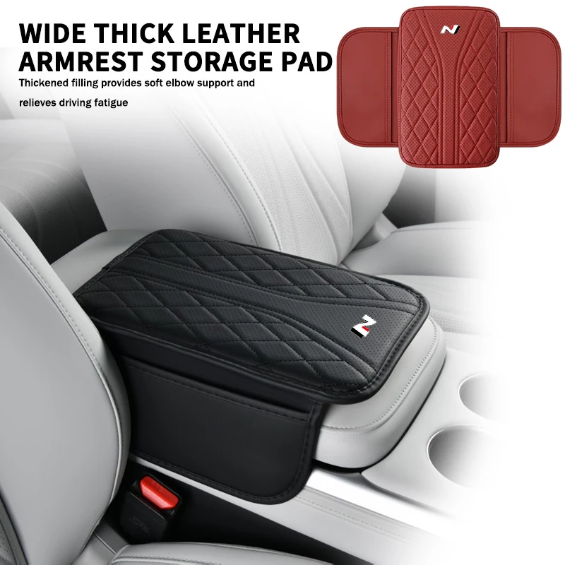 Leather Car Armrest Storage Box Cushion Arm Rest Pad Cover For N Line Tuscon NX4 I20 I30 I10 Sonata Elantra Genesis