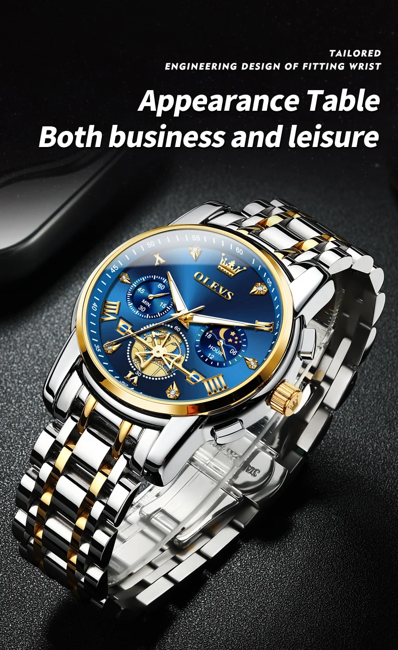 OLEVS 2856 Quartz Watch for Men Flywheel Skeleton Chronograph Moon Phase Multifunctional Stainless Steel Men's Wristwatches