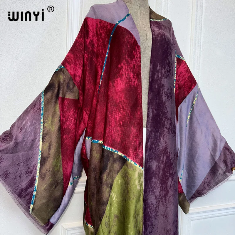 WINYI summer kimono beach wear women 2024 Africa dress bikini cover up Cardigan Geometric print abayas dubai luxury muslim dress