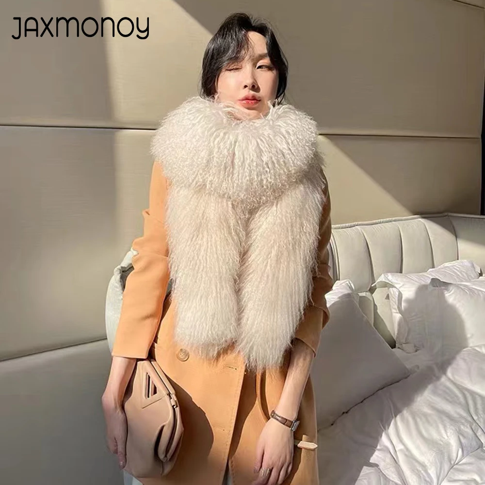 Jaxmonoy Mongolischen Pelzmantel Frauen Natürliche Pelz Schal Herbst Winter Damen Mode Luxus Schafe Pelz Schal Weibliche 2023 Neue Stil