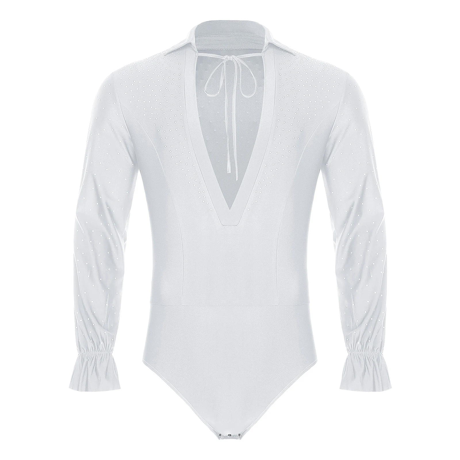 Mens Stage Ballroom Dance Performance Competition Costume V Neck Long Sleeve Glitter Rhinestones Latin Ballet Leotard Dance Wear