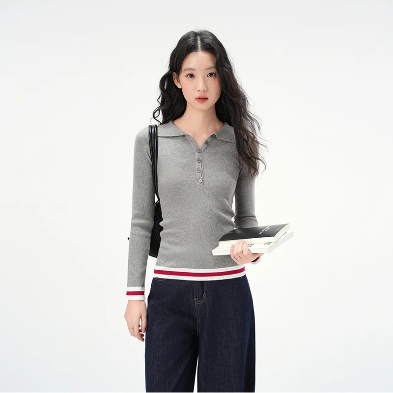 Camisa polo coreana com emenda de cor contrastante, camisa de malha de manga comprida para mulheres na primavera e no outono, top slim fit abotoado