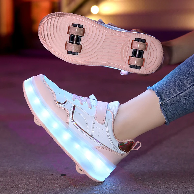 Four wheel roller shoes girls walking shoes outdoor sports children skates slide shrink flashing lights for primary students