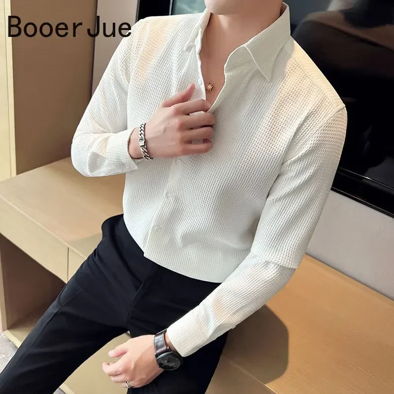 

Men's Lop-up Hollow Long Sleeve Polo Shirt Waffle Solid Regular Fit Male Social Casual Business Fashion Golf White Shirts 3XL