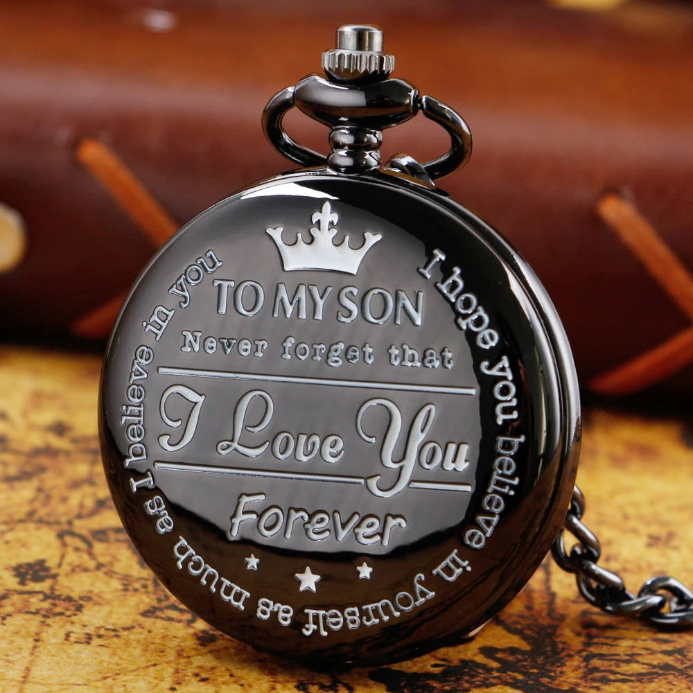 Best Perfect Gift for My Son Quartz Pocket Watch Black I Love You Engraved Fob Chain Watch Christmas Gift for Men