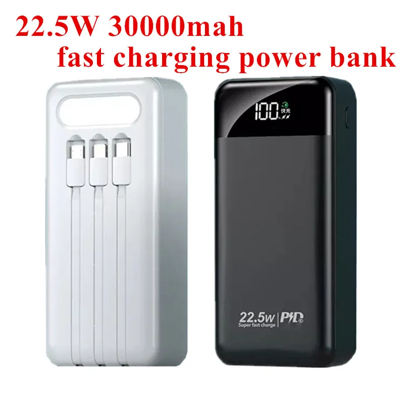 30000mah 22.5W Quick Charging Power Bank with LED Flashlight Portable with Cables Basues for IPhone Huawei Xiaomi Samsung PD