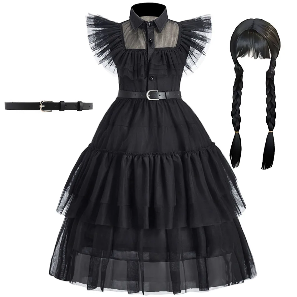 Children Wednesday Costume Girls Cosplay Wedding Clothes Kids Addams Carnival Halloween Layered Dress Summer Party Outfit 4-12Y