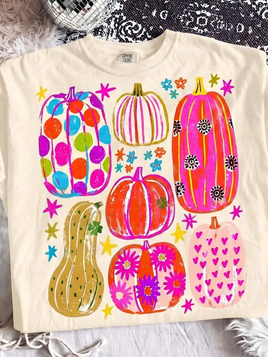 Women Trendy Colorful Hand Painted Autumn Pumpkin Collage Crewneck Short Sleeve T Shirt Cute Polka Dot Floral Pumpkin Star Halloween 1 Piece Everyday Wear Top