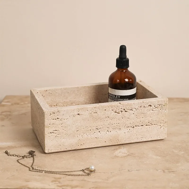 AhunderJiaz Vintage Natural Travertine Storage Box Dresser Jewelry Box with Lid Living Room Storage Art Pieces Home Decoration