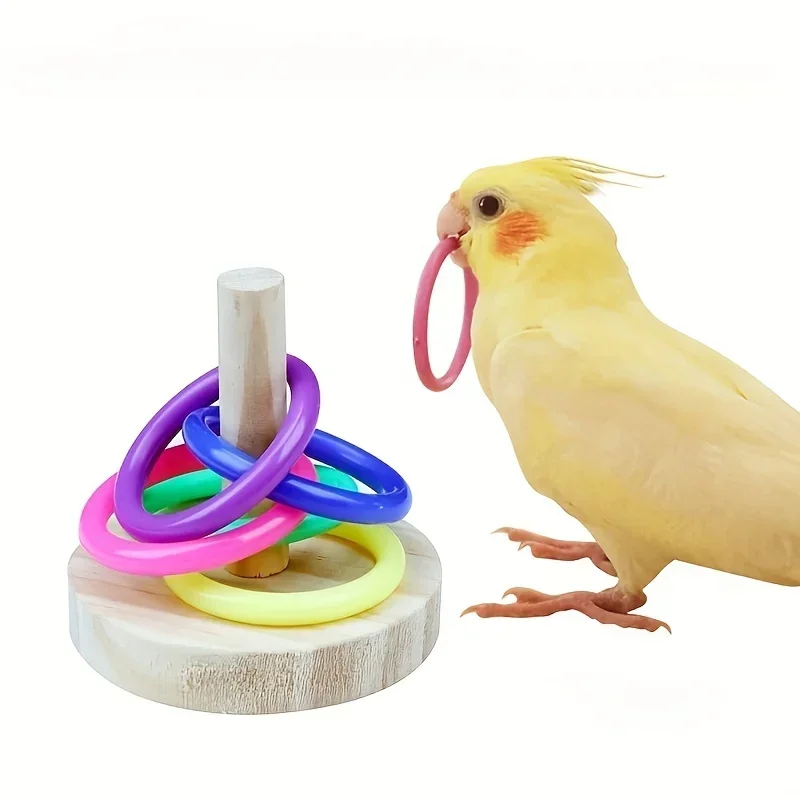 

Wooden Interactive Parrot Ring Toy Educational Exercise Stimulating Fun Playtime for Parrot Parakeet Bird Toys Random Color