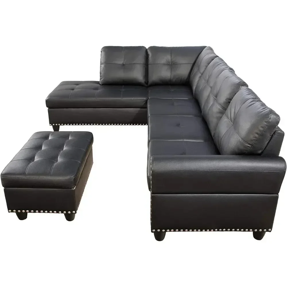 Faux Leather Sectional Sofa with Chaise Lounge, Storage Ottoman, 2 Cup Holders & Pillows, 6-Seater Upholstered Tufting Corner image 2