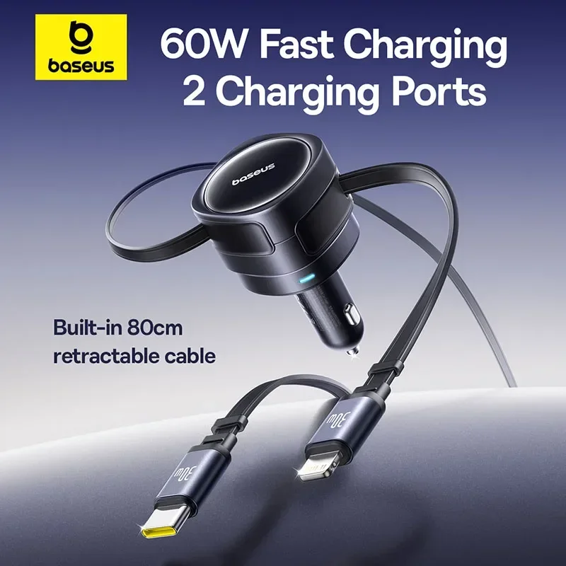 

Baseus 60W Car Charger USB-C Type-C IP Dual Retractable Cable PD QC SCP AFC PPS Fast Charging For Tablet iPhone Samsung Huawei