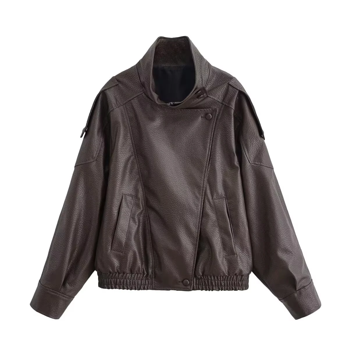 HH 2026 Damskie Modne Czarne Kurtki ze Skóry PU ze Stójką, Długim Rękawem i Zamkiem Błyskawicznym, Damska Moda Vintage, Kurtki PU w Stylu High Street — zdjęcie 2