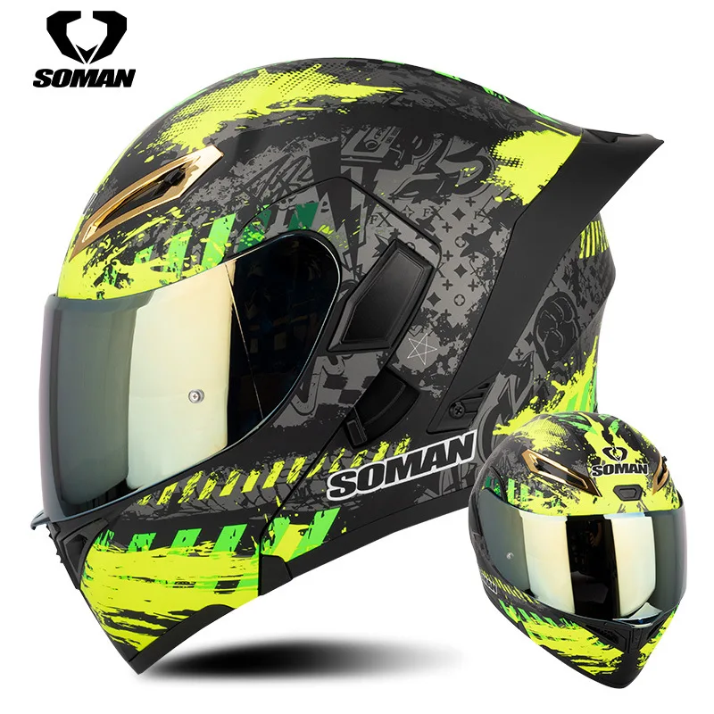 

SOMAN 955-S Approved Men's Motorcycle Helmet Full Face Helmet with Double Visor Flip Up Motocross Helmet Four Seasons Universal