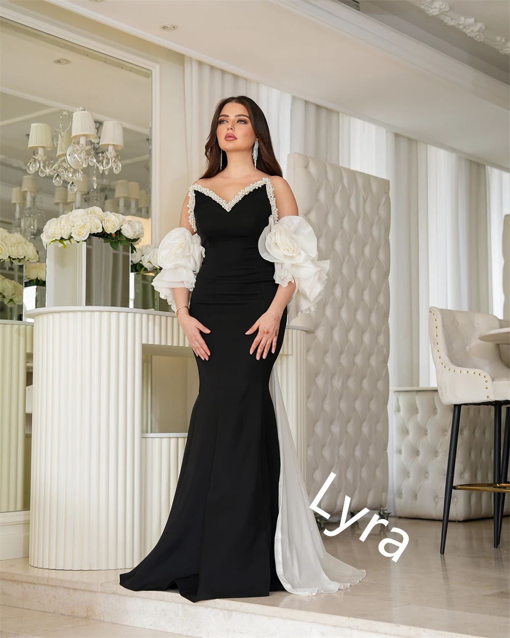 فستان سهرة جيرسي أسود رقيق مخصص بدون حمالات وأكمام قابلة للفصل لحفلات العودة للوطن مطرز بالخرز فساتين المناسبات الخاصة