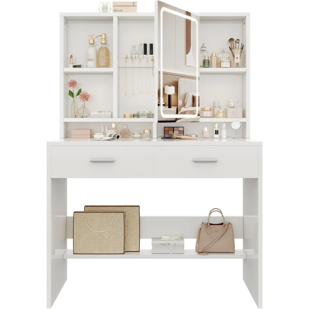Tocador con luz LED ajustable, tocador con espejo, estantes abiertos ajustables, 2 cajones, estilo contemporáneo, blanco