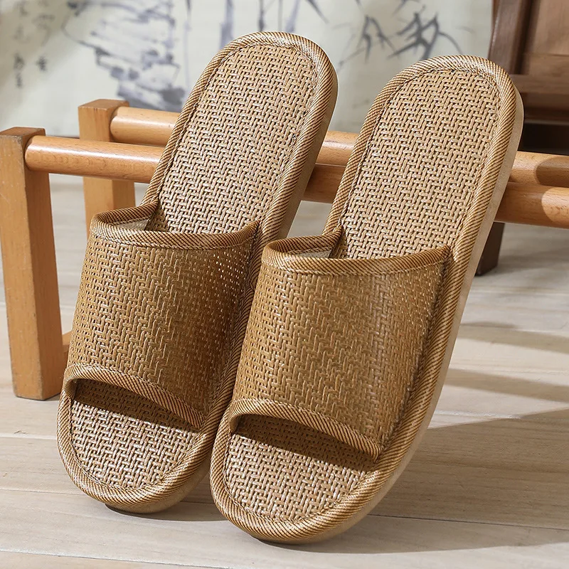 Fashion Women Slippers Woven Rattan Grass Sandals Lightweight Flat Shoes Bedroom Home Couple Breathable Straw Mat Bamboo Sandals image 2