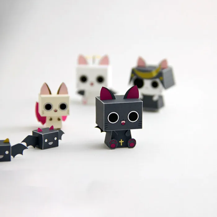 3 centimeters tall. 6 cute Q-style handmade kittens. Handmade DIY three-dimensional paper 3D model.