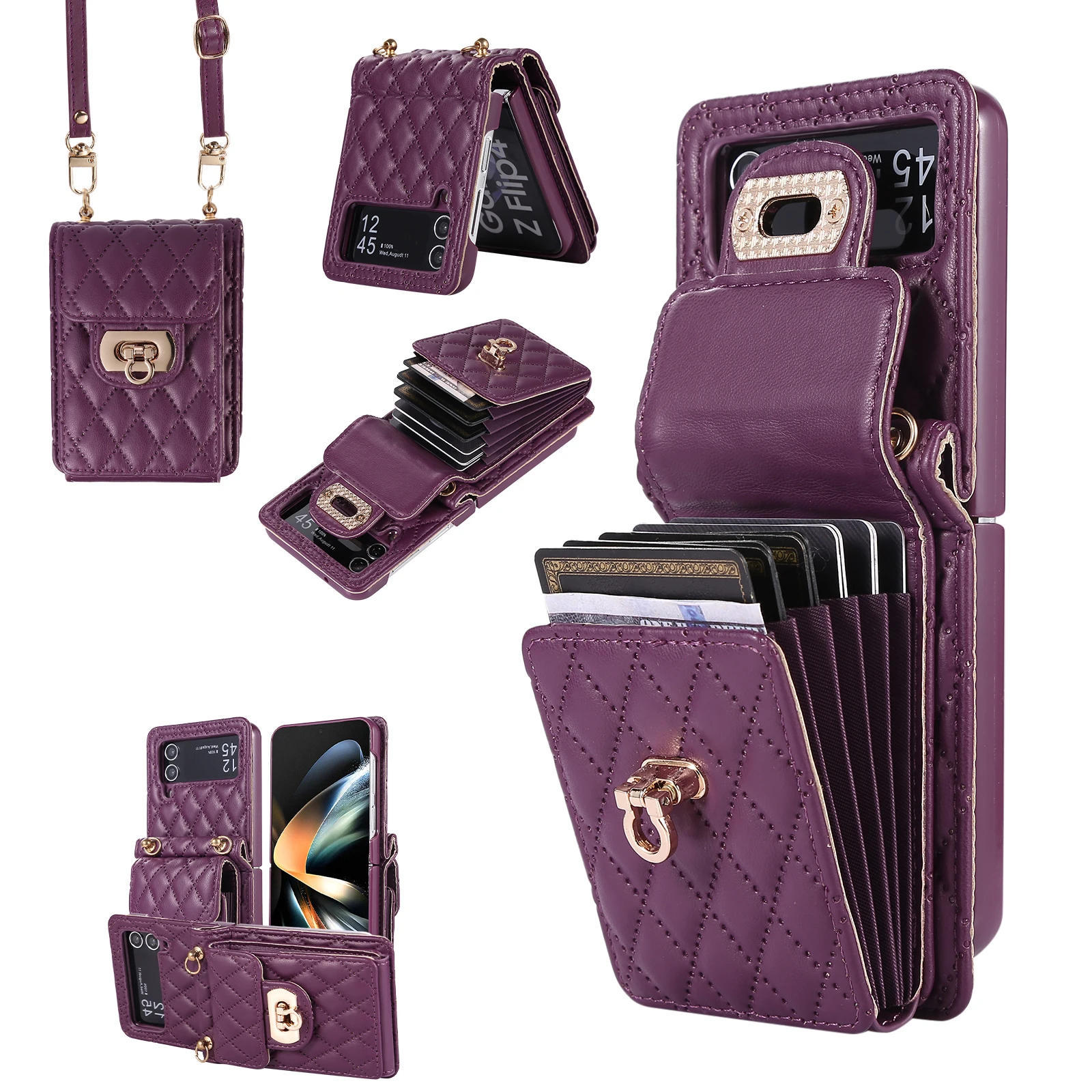 Fashion Rhombus Crossbody Lanyard PU Leather Wallet Card Holders Case For Samsung Galaxy Z Flip 5 4 3 5G Shockproof Cover Coque