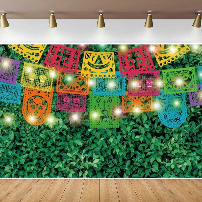 Mexican Fiesta Theme Photography Backdrop Green Leaves Colorful Flags For Background Cinco De Mayo Festival Party Poster Banner