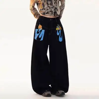 Retro Contrast Patch Printed Jeans Women American High Street Spice Girl Straight Pants Korean Street Dance Wide Leg Pants 2026