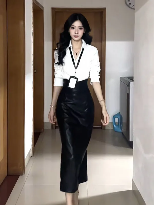 

Professional Black Long Sleeve Shirt And Skirt Set Women's Fashion Ensemble Autumn 2025 Commute Style High Waist Universal Fit