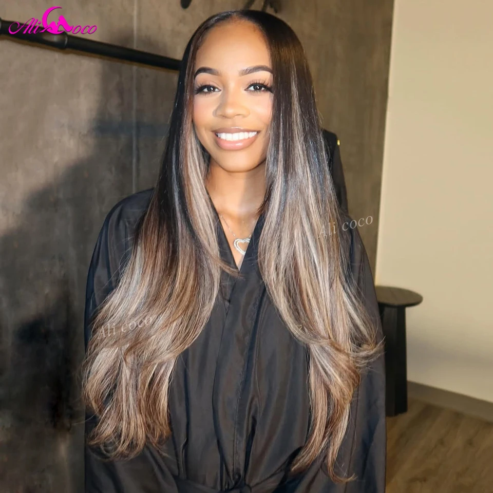

Ombre 1B Brown Highlights Straight Lace Front Remy Human Hair Invisible Transparent Pre Plucked Closure Glueless Wigs 180Density