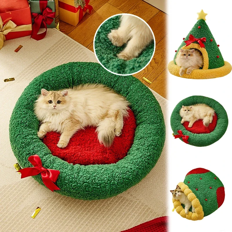 2026 Christmas Tree Pet Bed Winter Warm Plush Kennel Semi Closed Cat House with Christmas Stocking Design Indoor Circle Cushion