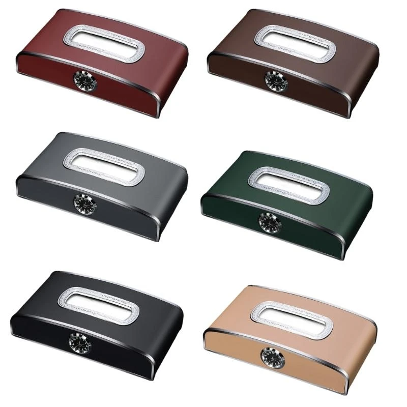 Upgraded Leather Case Classical Car Tissue Box with Clock Watch Leather Case Vehicles Tissue Box Tissue Storage Box Gift