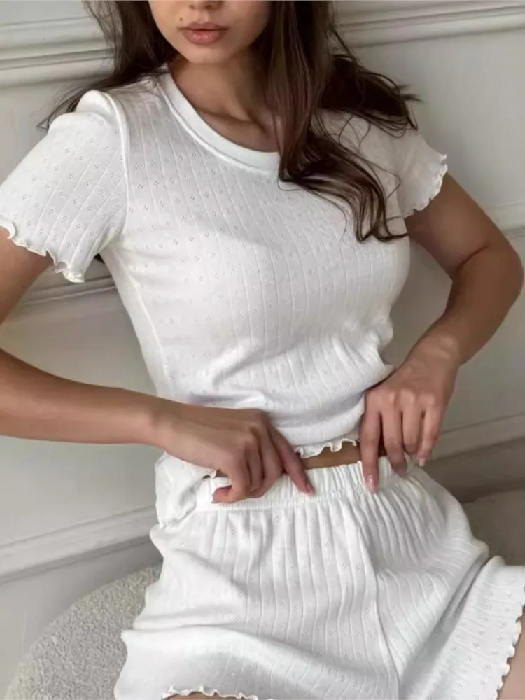 

White Sweet Eyelet Short Sleeve T-shirt Shorts Set Women Casual Home Pajama 2 Piece Sets Slim Tees Elastic Straight Sweatshort