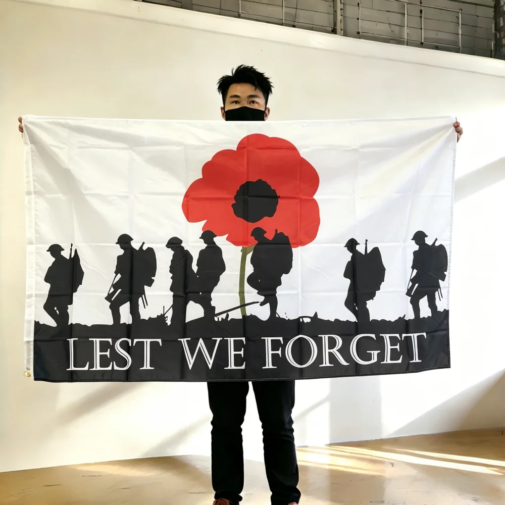 FlagGo Remembrance Day Flag 150x90cm 3x5 FT Red Poppy Lest We Forget Polyester Double Stitched Outdoor Decoration