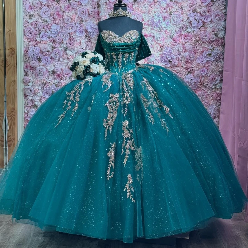 

Черновато-зеленое блестящее бальное платье Quinceanera Платья с открытыми плечами и блестками Аппликации Кружевной бант из бисера и кристаллов Тюлевое платье Sweet 16