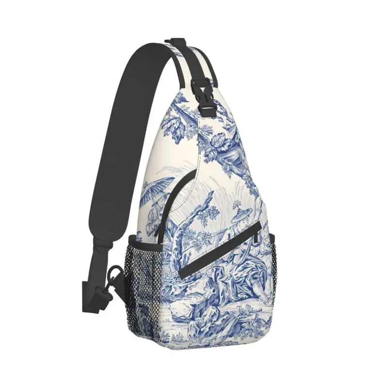 

Classic French Toile De Jouy Navy Blue Motif Pattern Sling Chest Bag Shoulder Crossbody Backpack for Men Cycling Camping Daypack