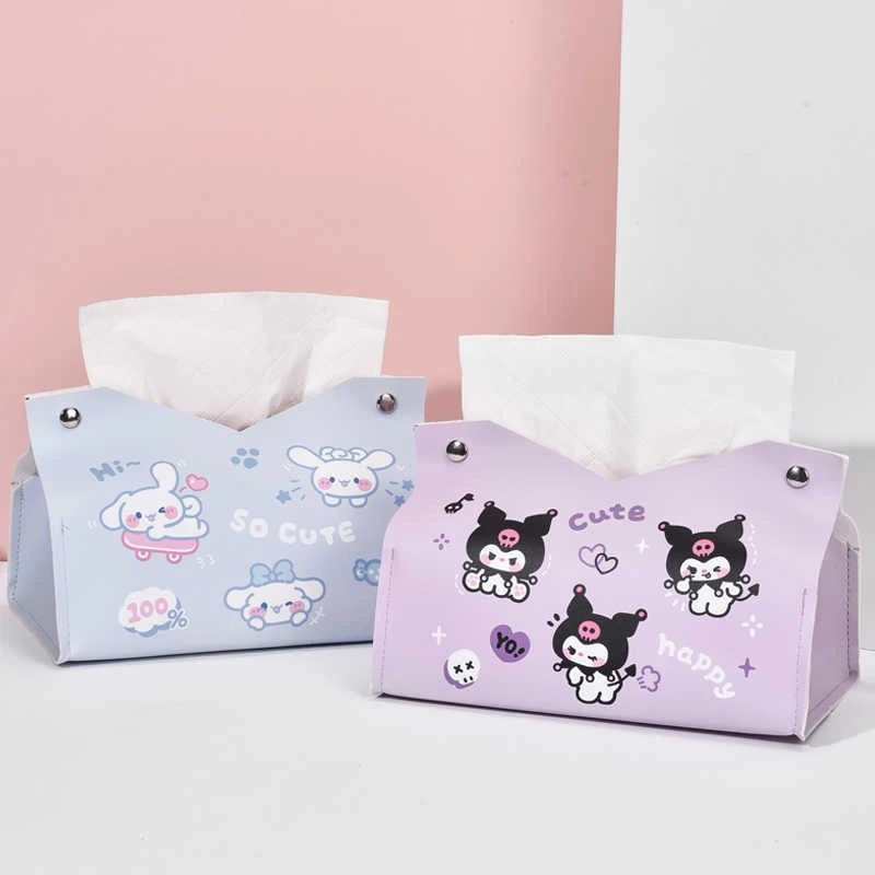 Sanrio Kuromi 소녀 심장 Cinnamoroll 티슈 상자 만화 세트 고양이 티슈 상자 Pu 가죽 침실 거실 자동차 보관 상자