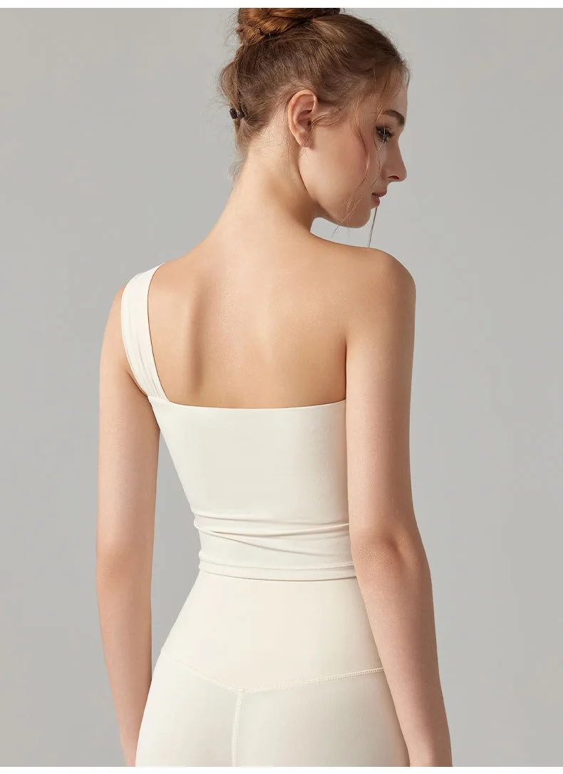 Ein-Schulter-Yoga-BH für Damen, stoßfeste, hochintensive Sportunterwäsche, feste Cups, Lauf-Fitness-Weste, Yoga-Bekleidung, Oberteil-Set – Detail 13